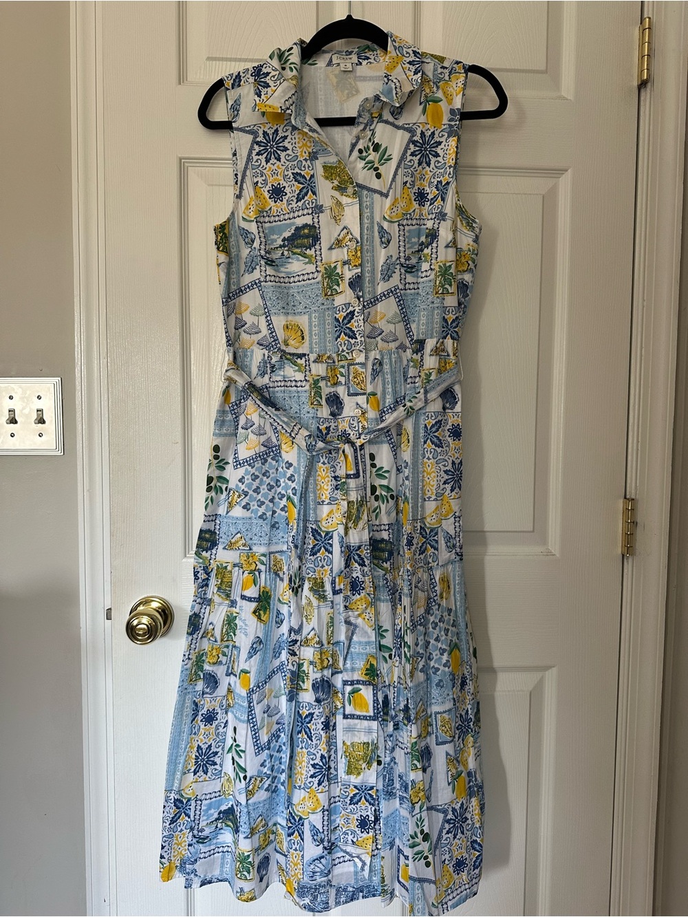 J.Crew La Dolce Vita Lemon Print Midi Shirt Dress, Sleeveless Tiered Belted